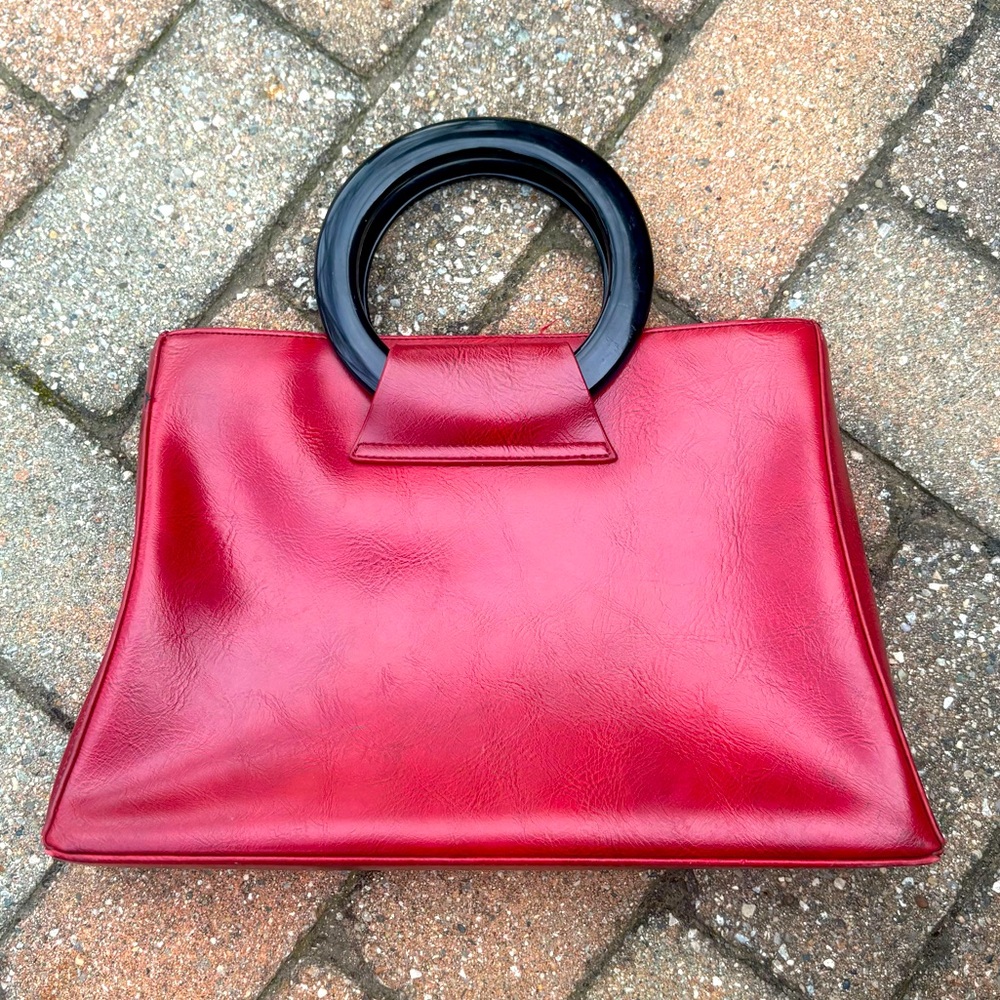 Vintage Red Vinyl Purse with Heavy Plastic Handles Clutch MCM